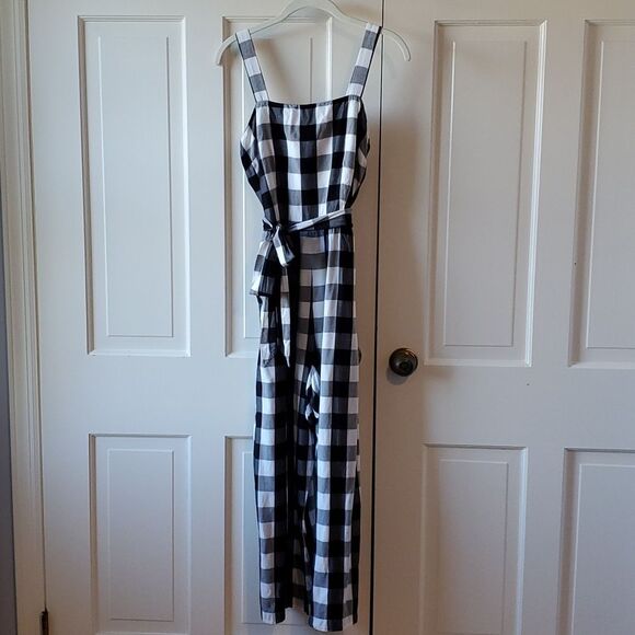 LOFT GINGHAM CHECK PLAID JUMPSUIT BLACK WHITE SIZE MEDIUM - Picture 4 of 12